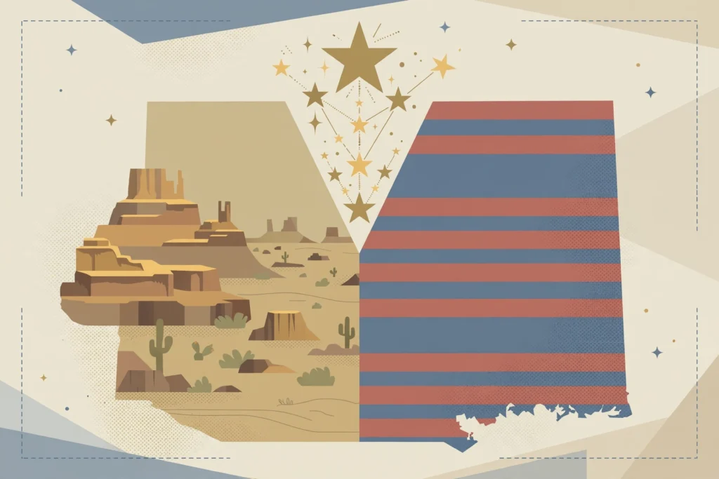 Editorial illustration of a New Mexico desert landscape split with red and blue stripes and stars