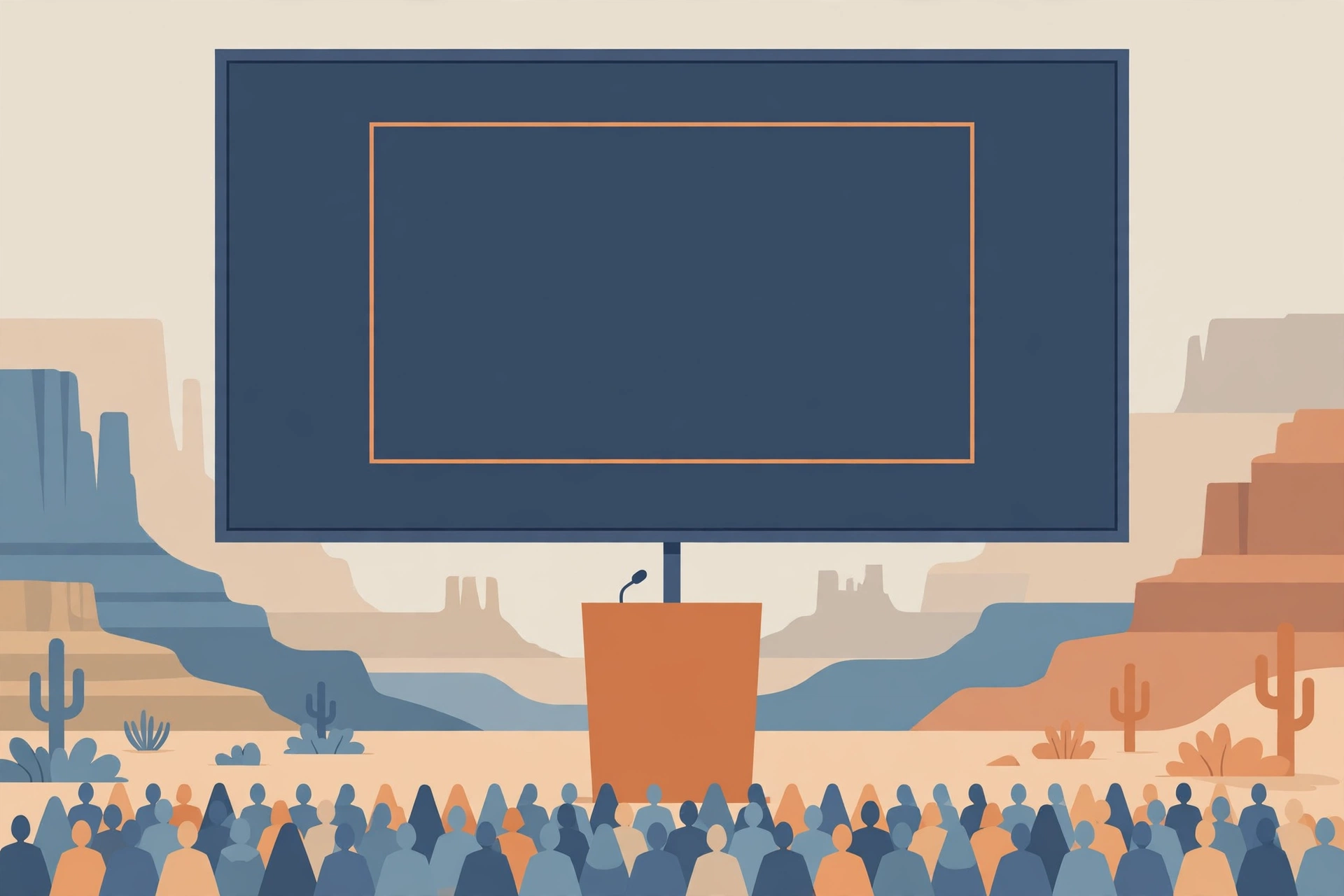Editorial illustration of a podium and crowd before a screen showing a state outline