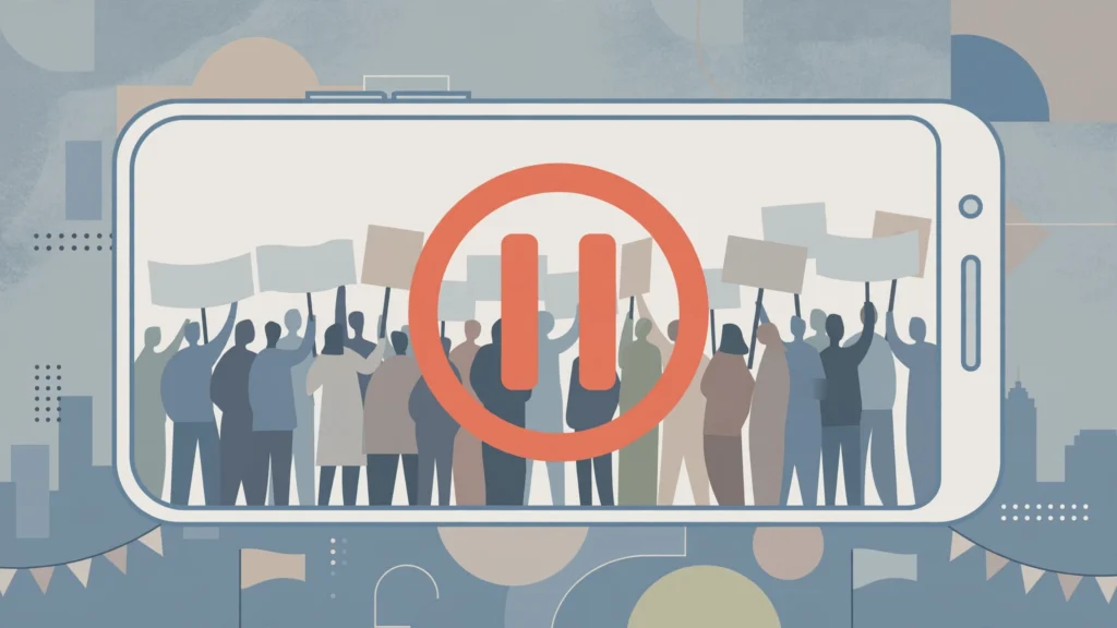 Editorial illustration of a smartphone showing a protest crowd with a pause symbol