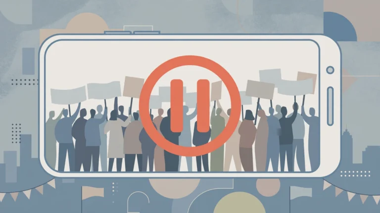 Editorial illustration of a smartphone showing a protest crowd with a pause symbol