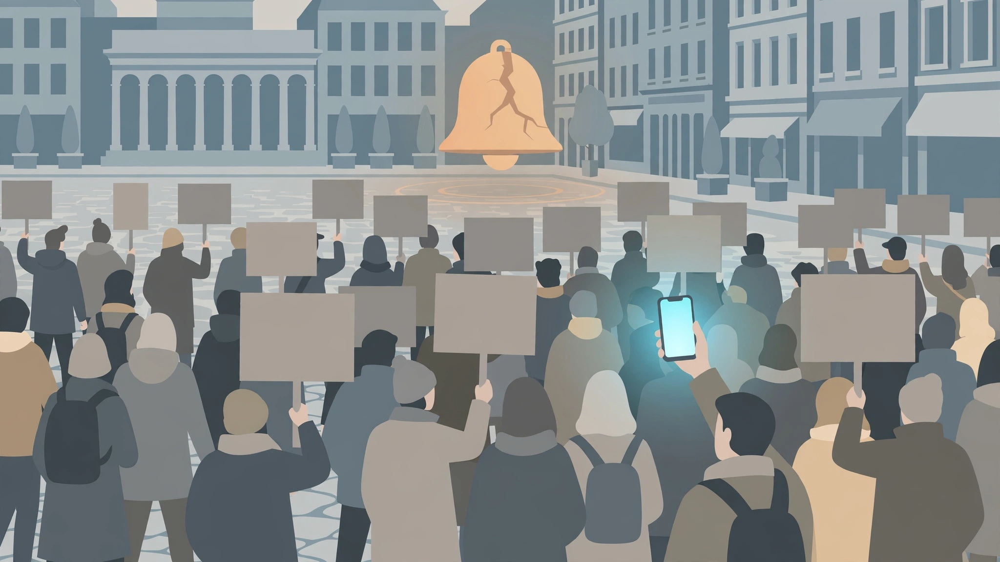 Editorial illustration of marchers with blank signs in a city square