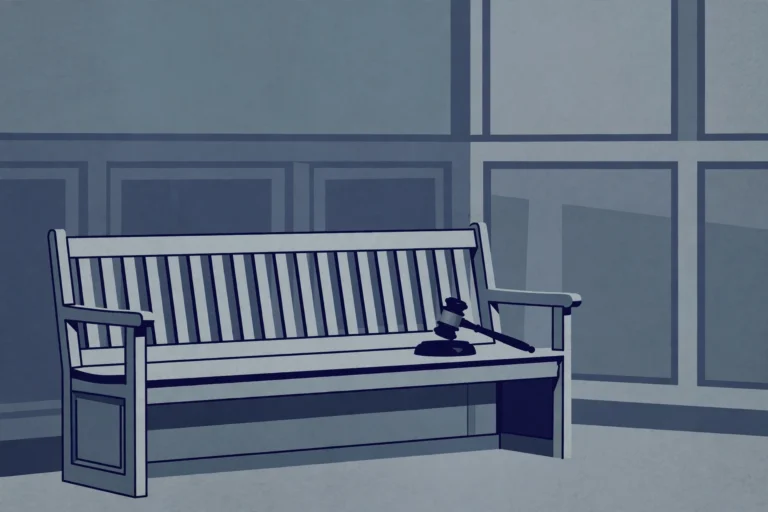 Editorial illustration of a courtroom bench and gavel