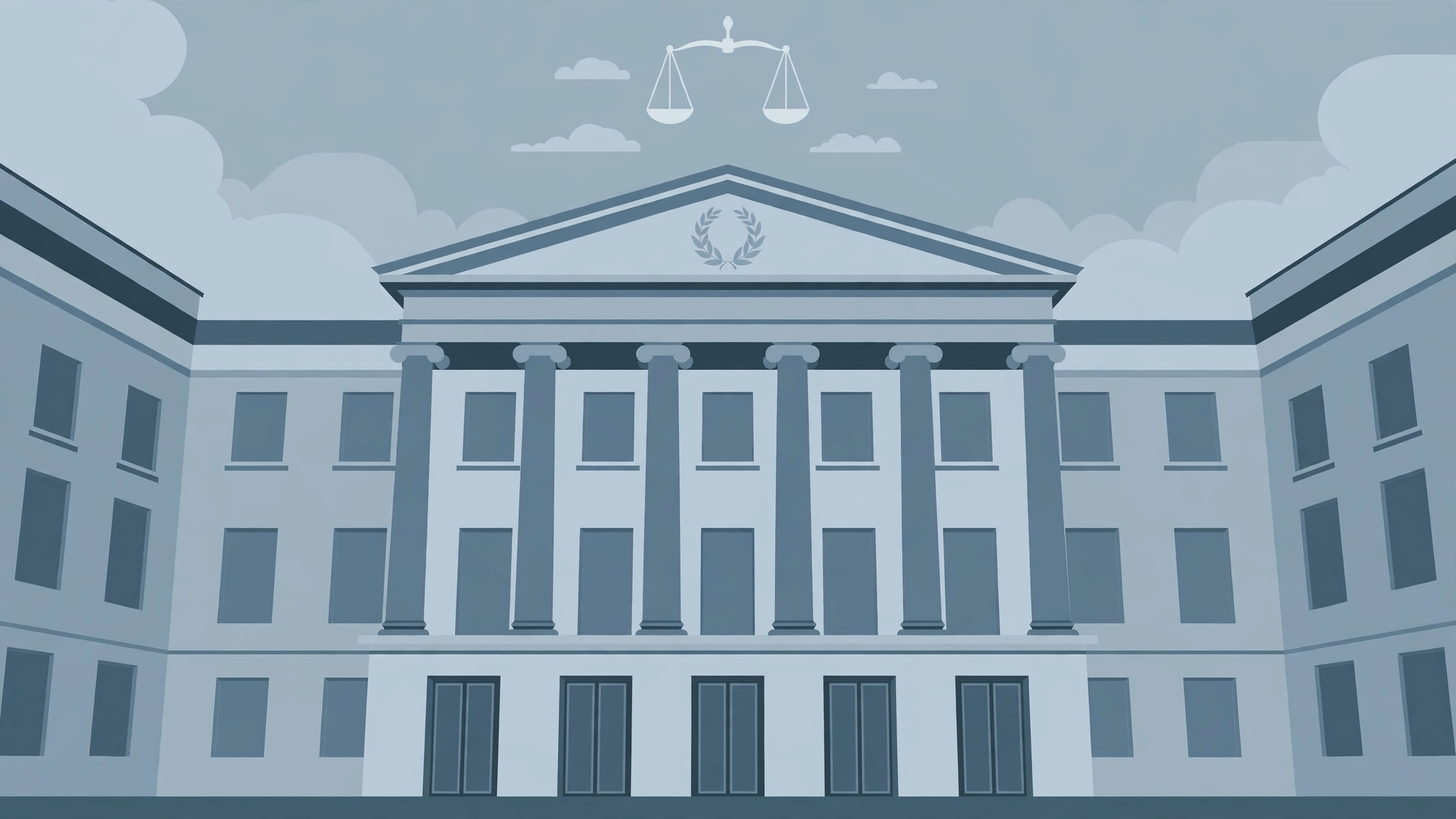 Editorial illustration of a neoclassical courthouse with scales of justice