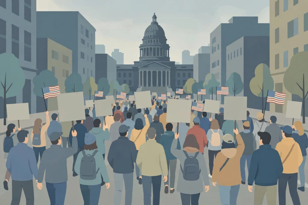 Editorial illustration of a crowd marching with blank placards and flags toward a domed capitol building