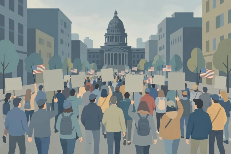 Editorial illustration of a crowd marching with blank placards and flags toward a domed capitol building