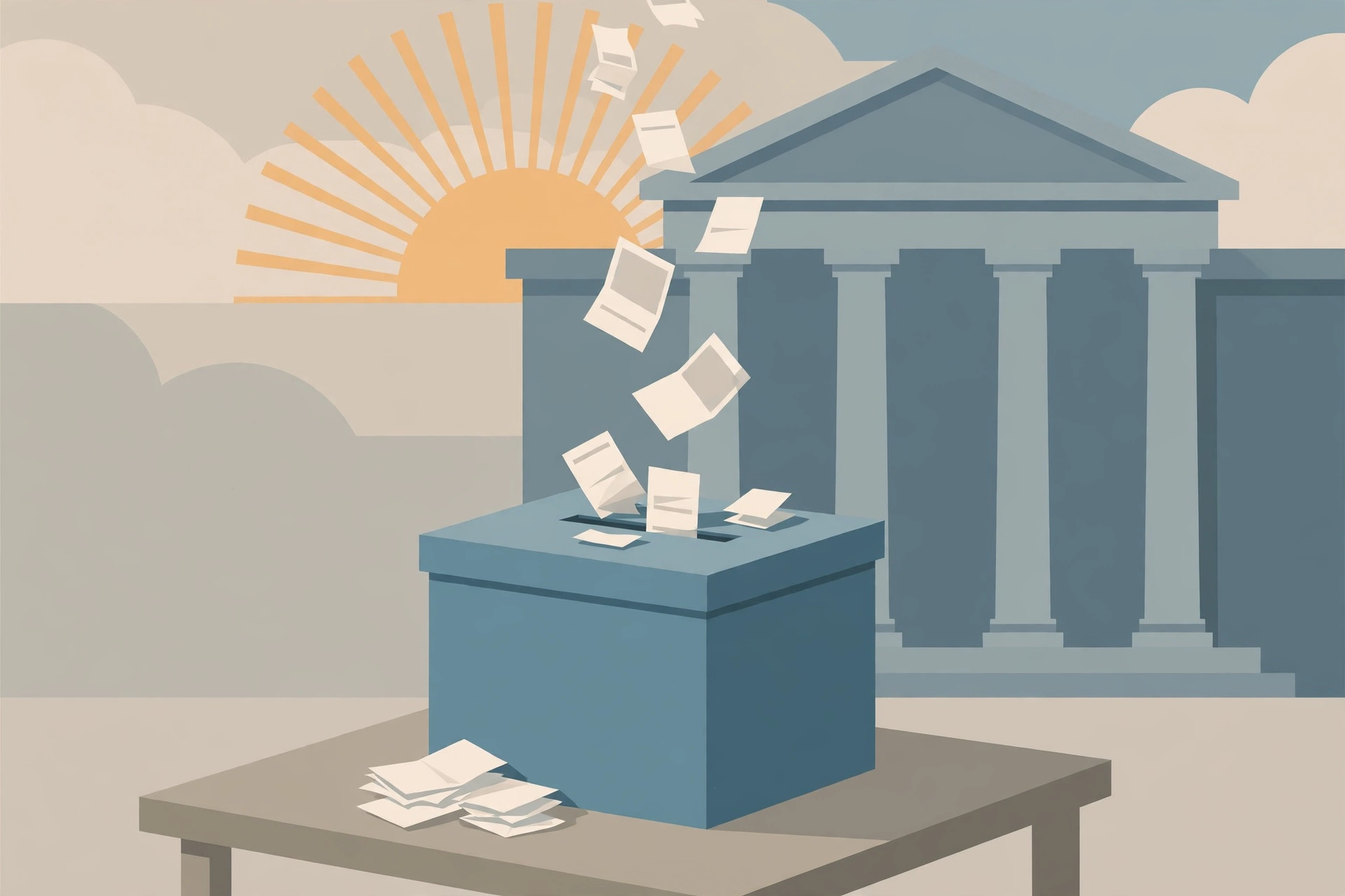 Editorial illustration of a ballot box with ballots in front of a courthouse