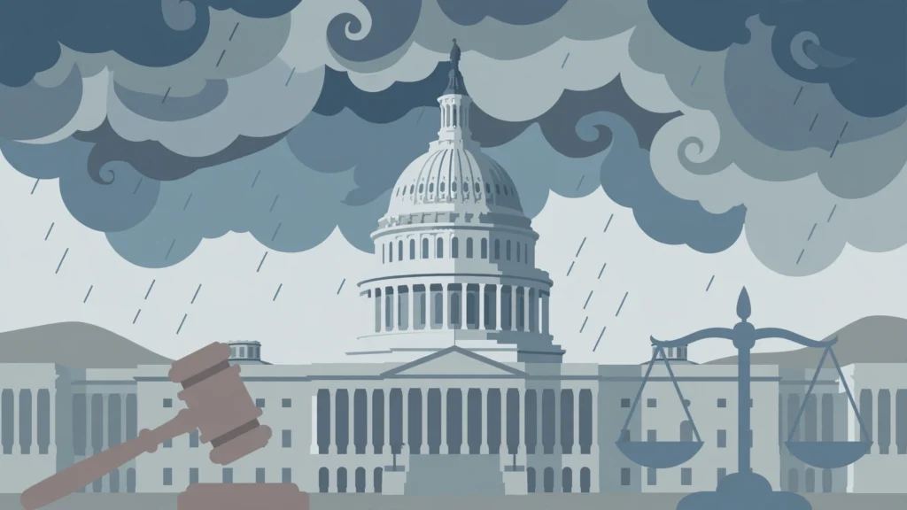 Editorial illustration of the US Capitol under stormy clouds with a gavel and scales of justice