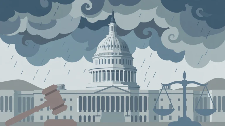 Editorial illustration of the US Capitol under stormy clouds with a gavel and scales of justice
