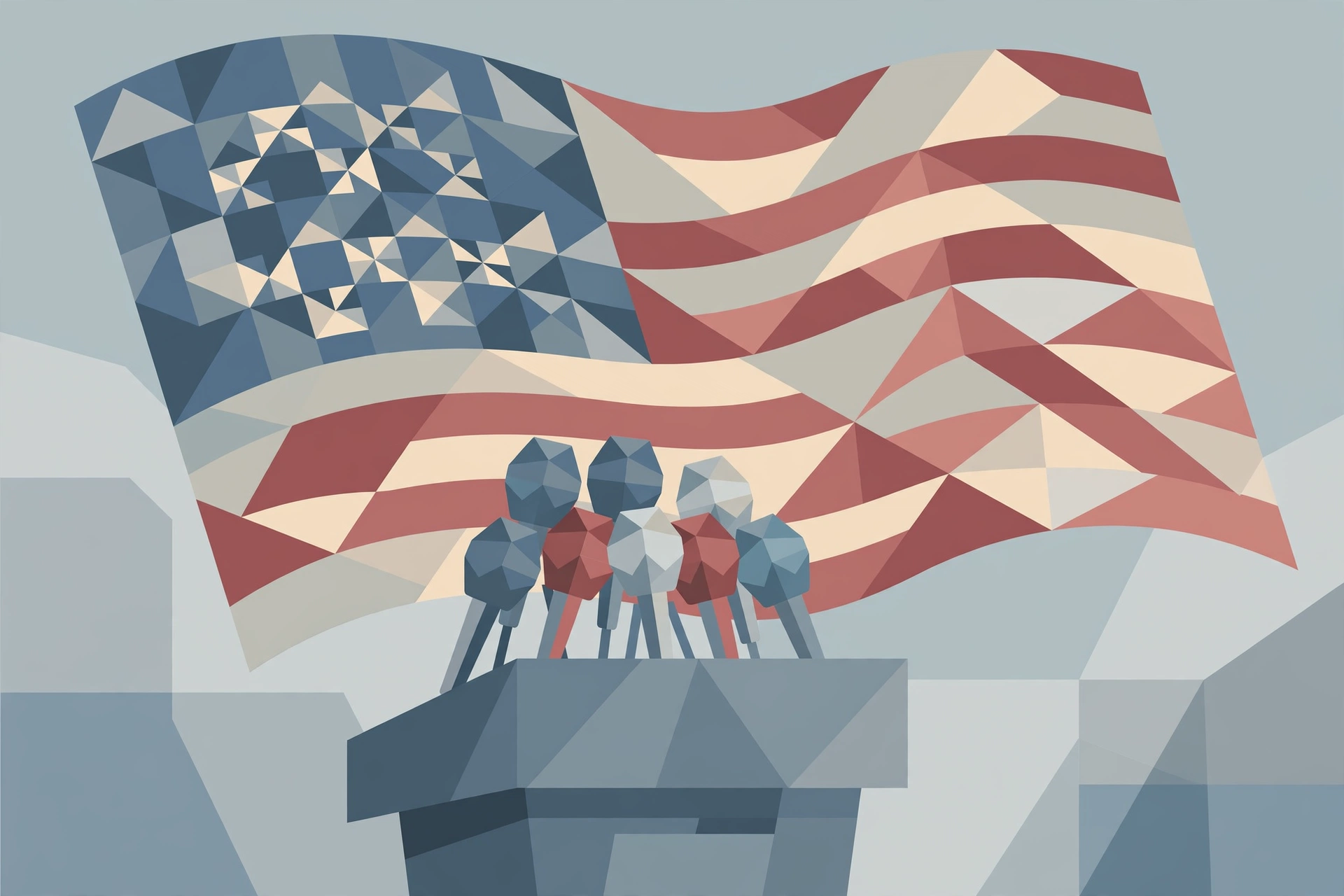 Editorial illustration of press microphones on a podium before a geometric American flag