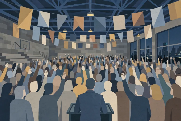 Illustration of a crowded rally in a high school gymnasium