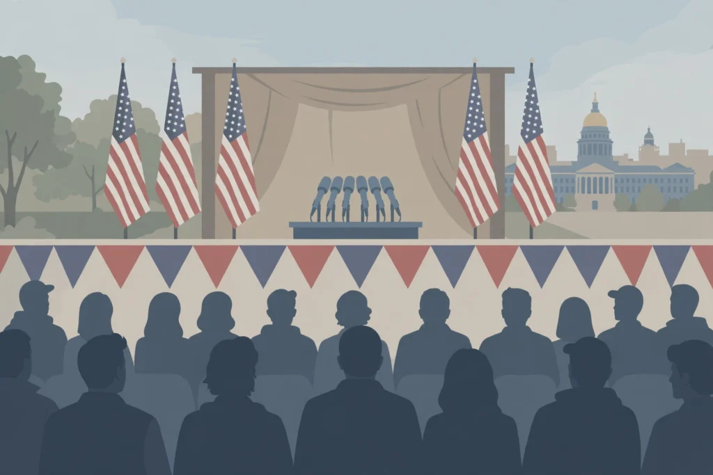 Illustration of a campaign rally stage with flags and a podium