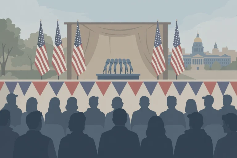 Illustration of a campaign rally stage with flags and a podium