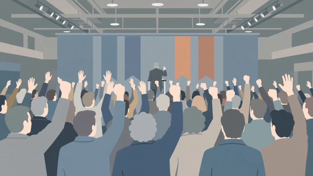 Illustration of a speaker addressing a crowd at a campaign rally