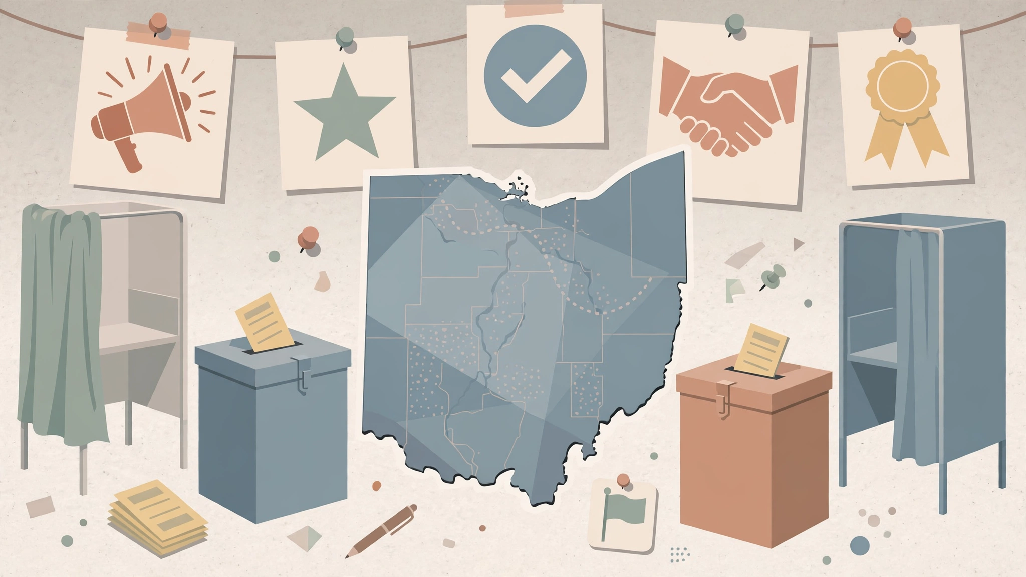 Illustration of an Ohio map with ballot boxes and voting booths