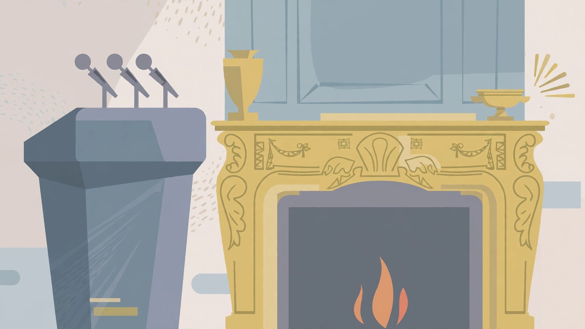 Illustration of a speaker podium beside an ornate golden mantelpiece