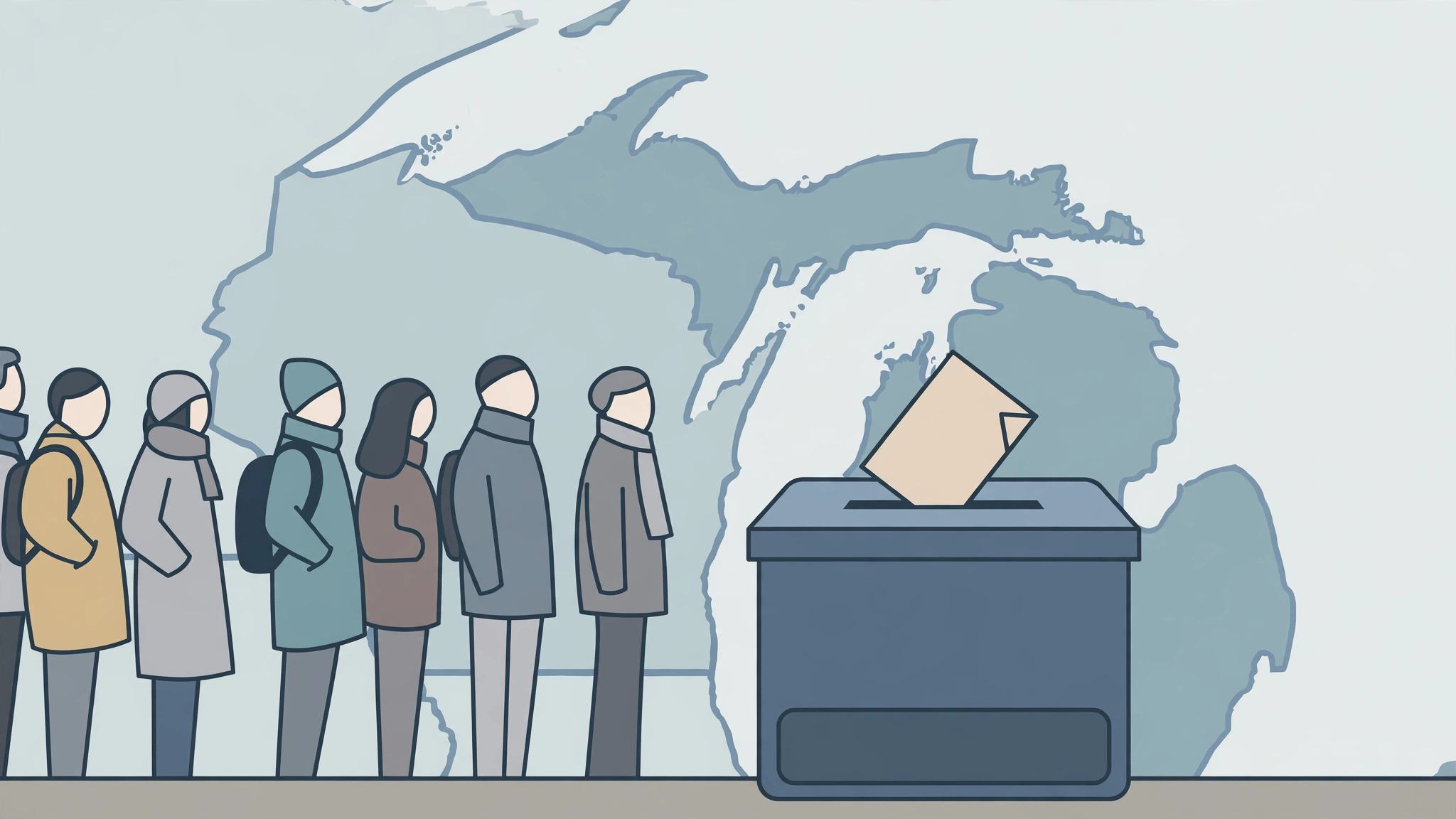 Illustration of voters queueing beside a ballot box in front of a map of Michigan