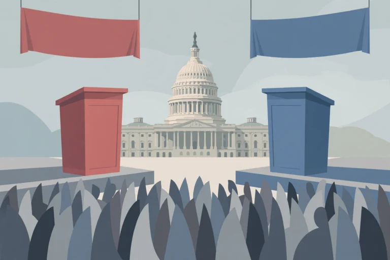 Illustration of two empty campaign lecterns with red and blue banners in front of the US Capitol