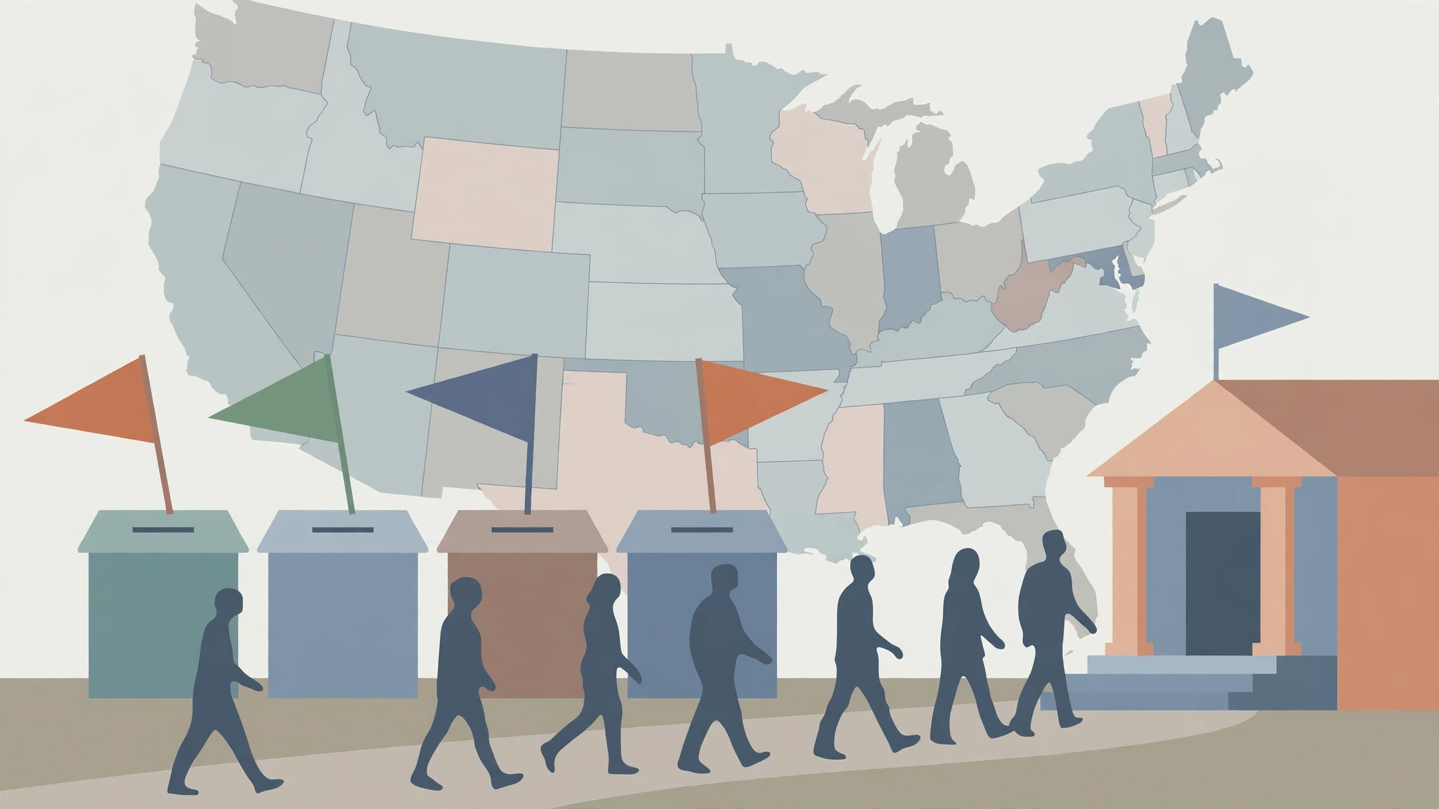 Illustration of voters walking toward ballot boxes in front of a map of the United States