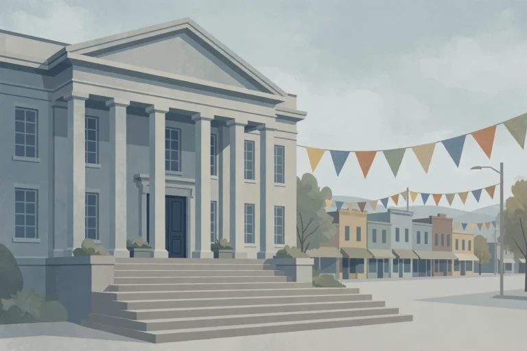 Illustration of a courthouse with festival bunting in the background