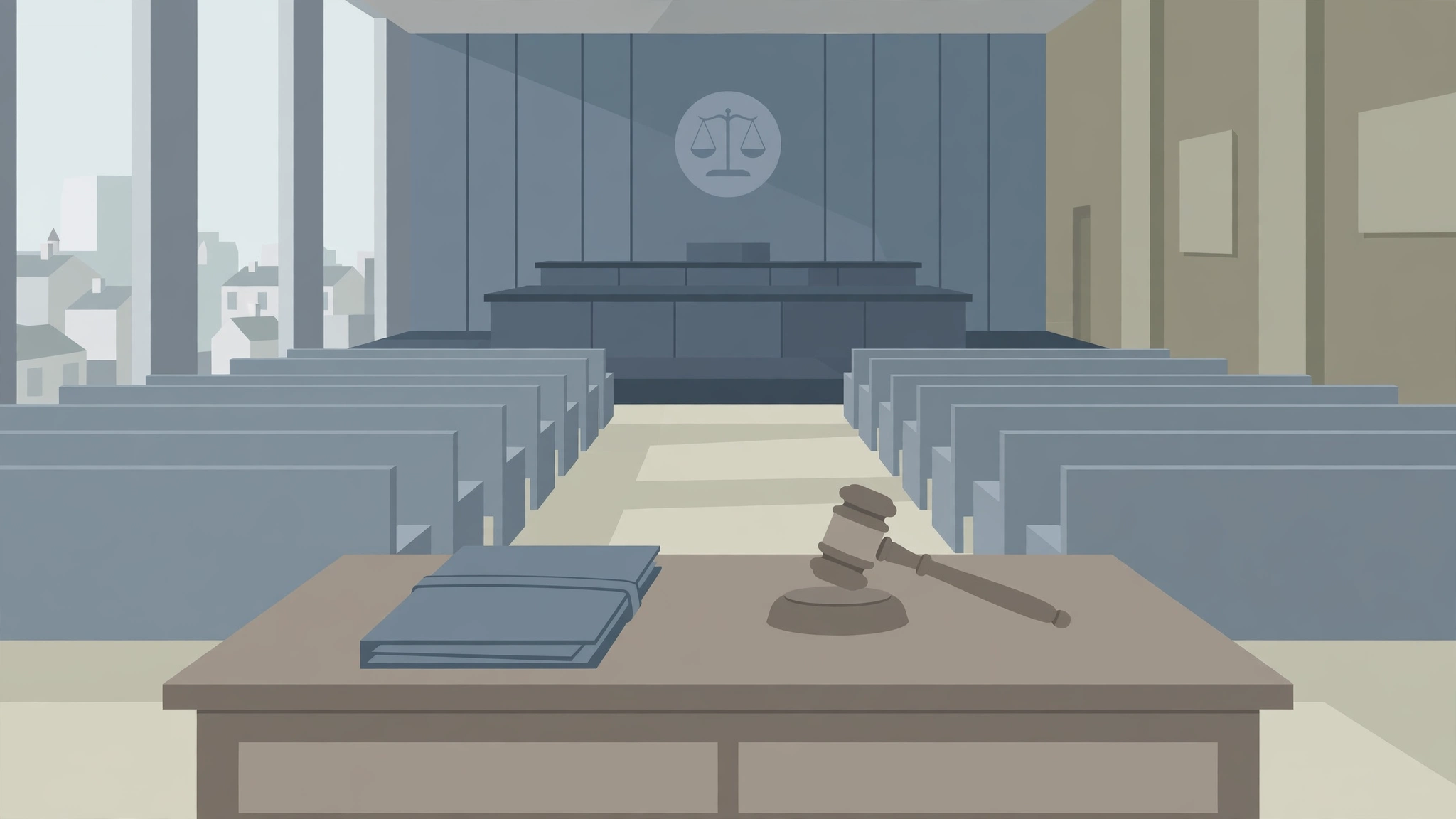 Illustration of an empty courtroom with a gavel and case file