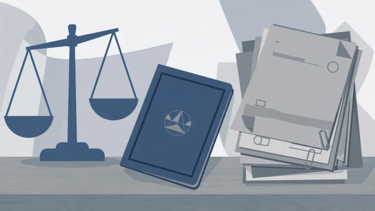Editorial illustration of scales of justice beside a passport and documents