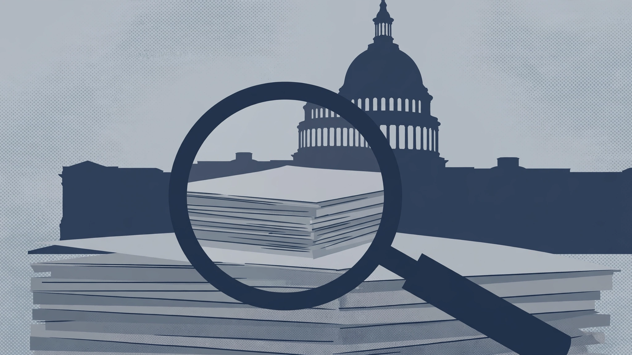 Illustration of documents under a magnifying glass with the Capitol in the background