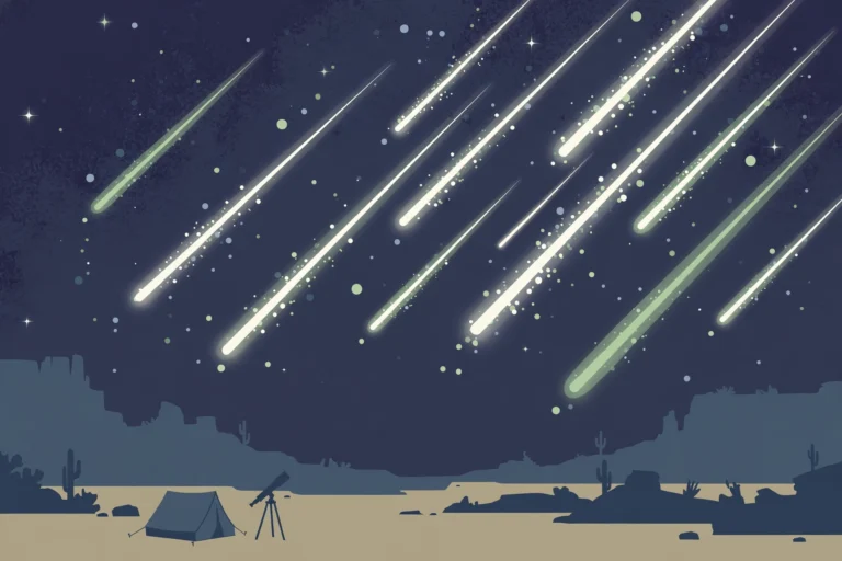 Editorial illustration of meteors streaking across the night sky over a desert campsite