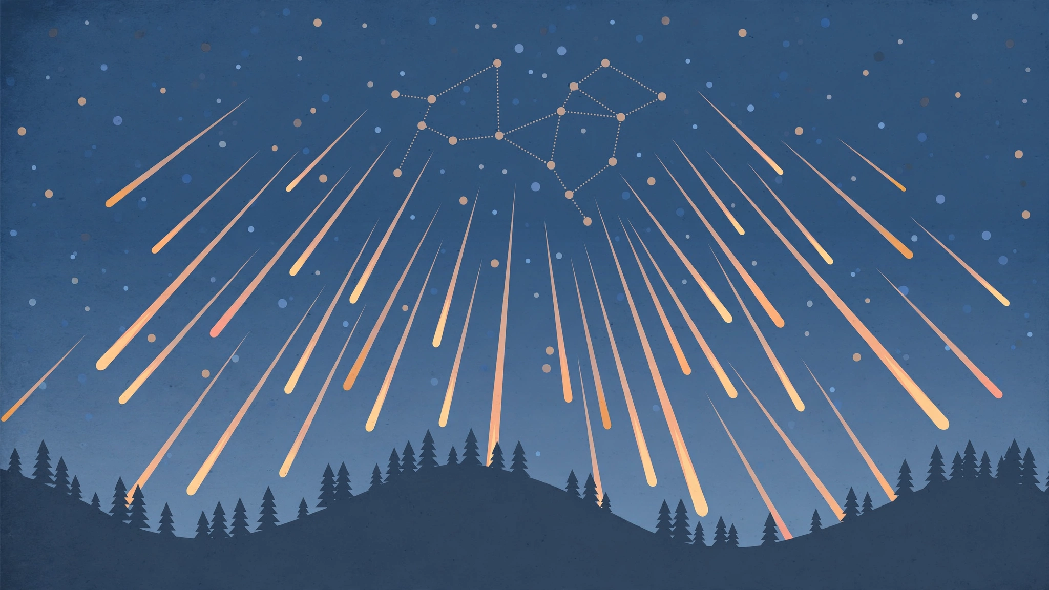 Editorial illustration of meteors radiating from a constellation over a pine ridge