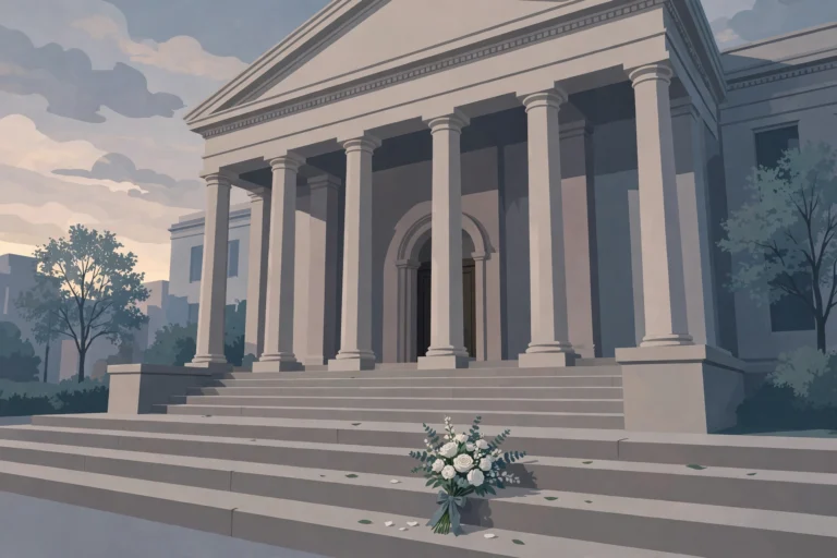 Editorial illustration of a courthouse steps with a white flower bouquet