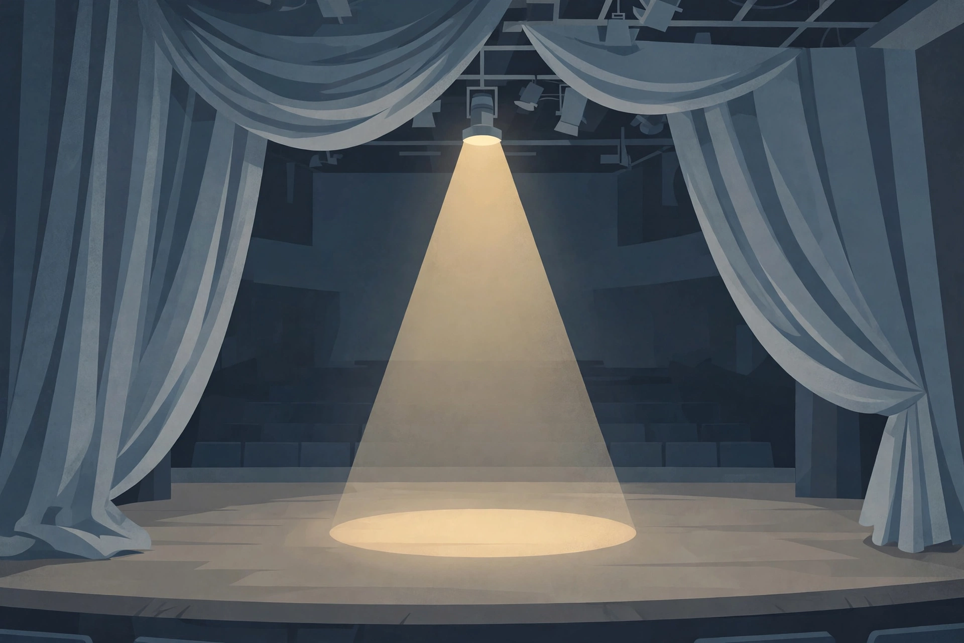 Editorial illustration of an empty theatre stage under a single spotlight