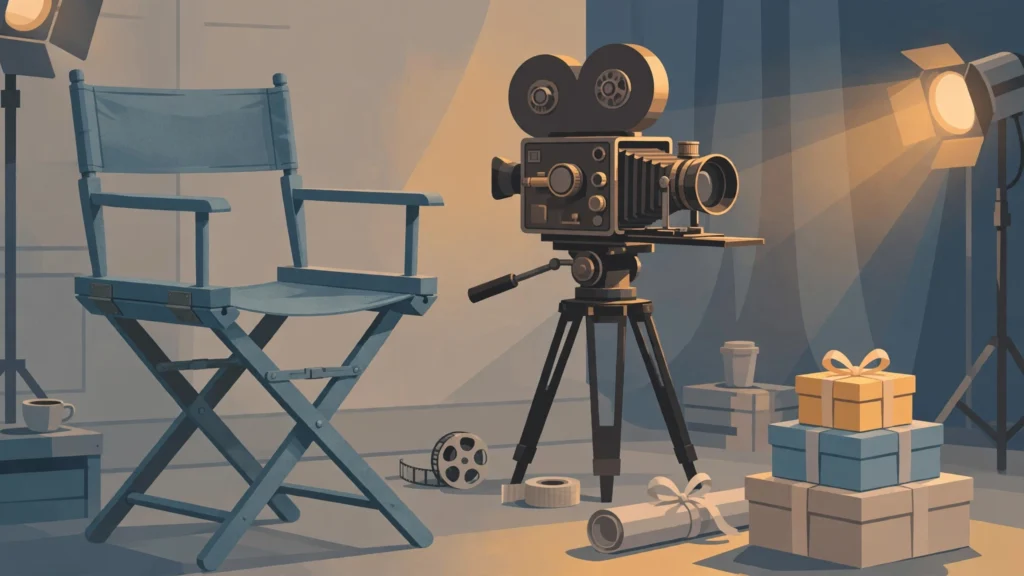 Editorial illustration of a film set with a director's chair, camera and gift boxes