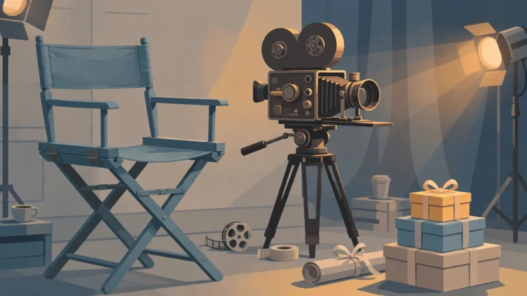 Editorial illustration of a film set with a director's chair, camera and gift boxes