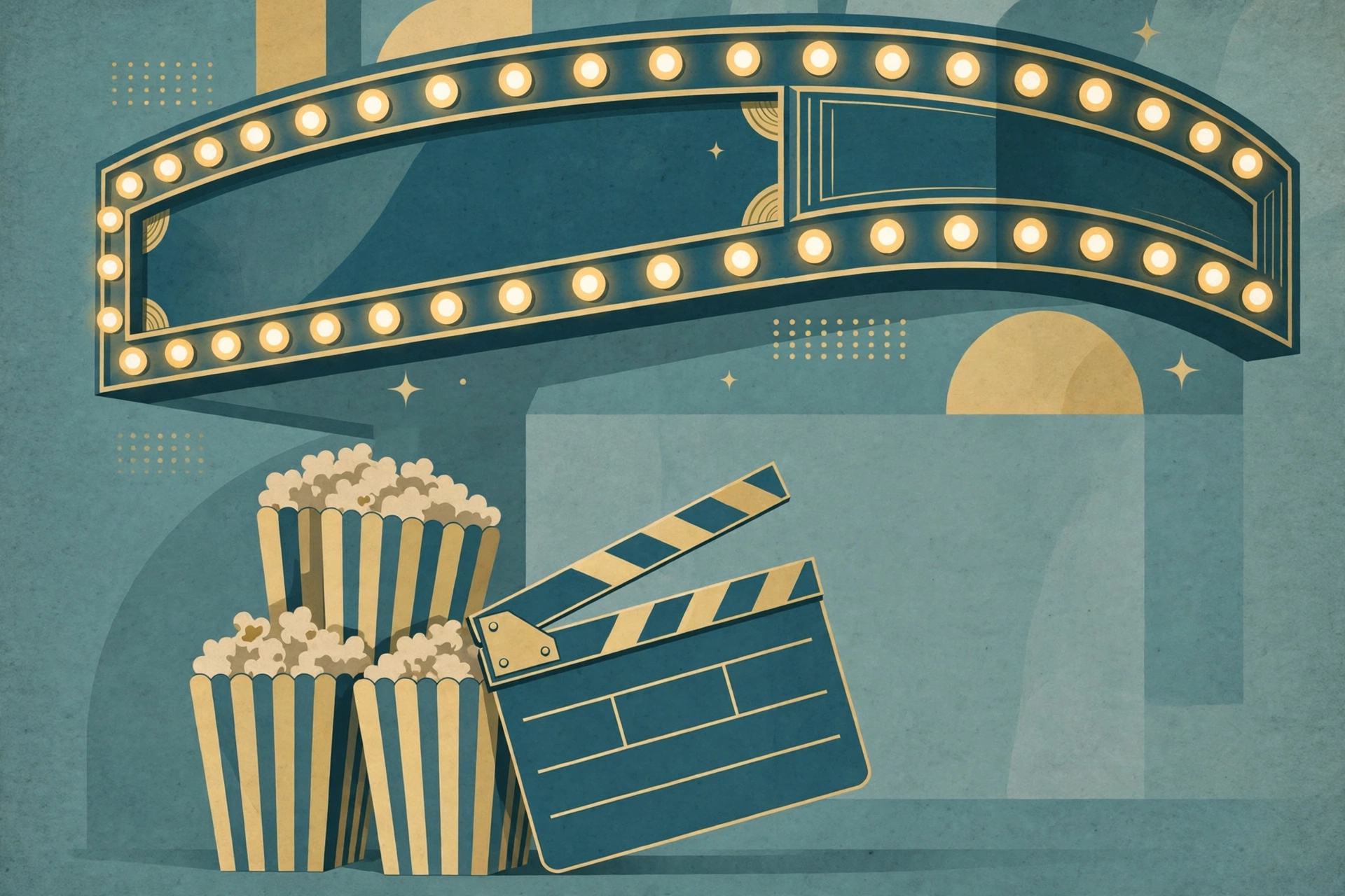 Editorial illustration of a cinema marquee with popcorn and a clapperboard
