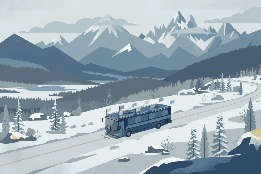 Illustration of a campaign bus on a snowy Alaskan road