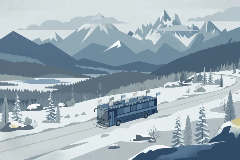 Illustration of a campaign bus on a snowy Alaskan road