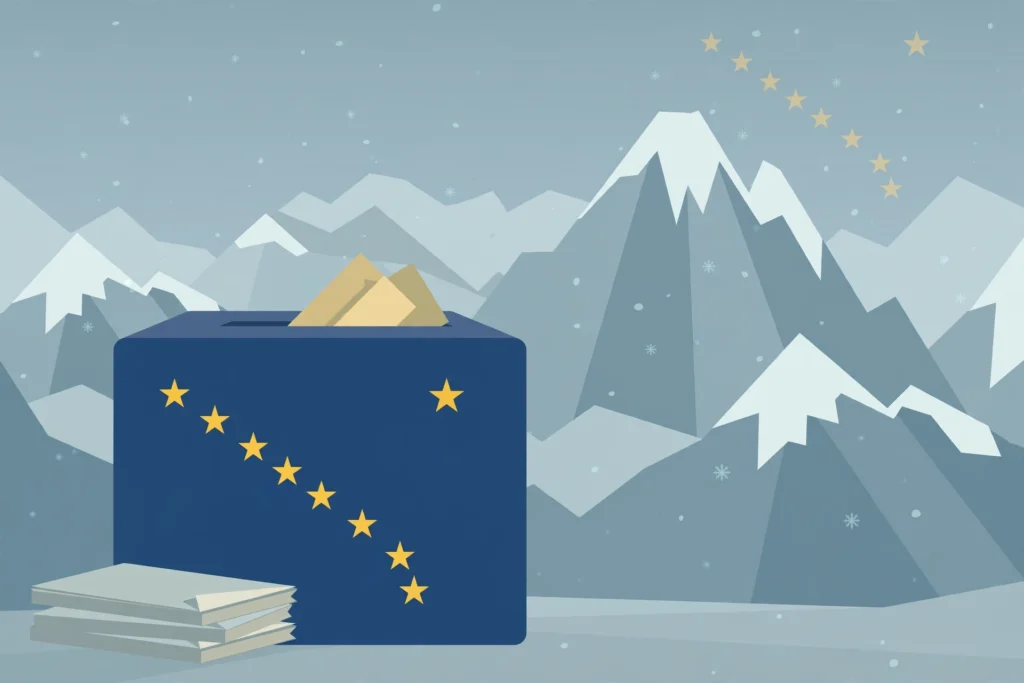 Illustration of a ballot box against snowy Alaska mountains