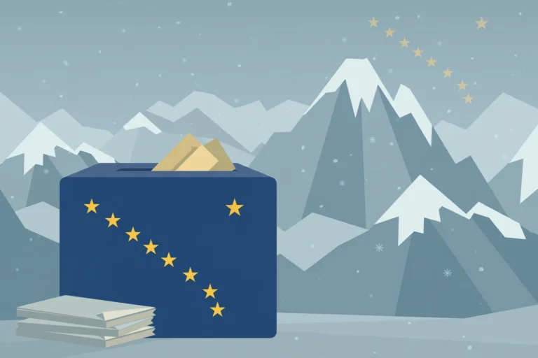 Illustration of a ballot box against snowy Alaska mountains