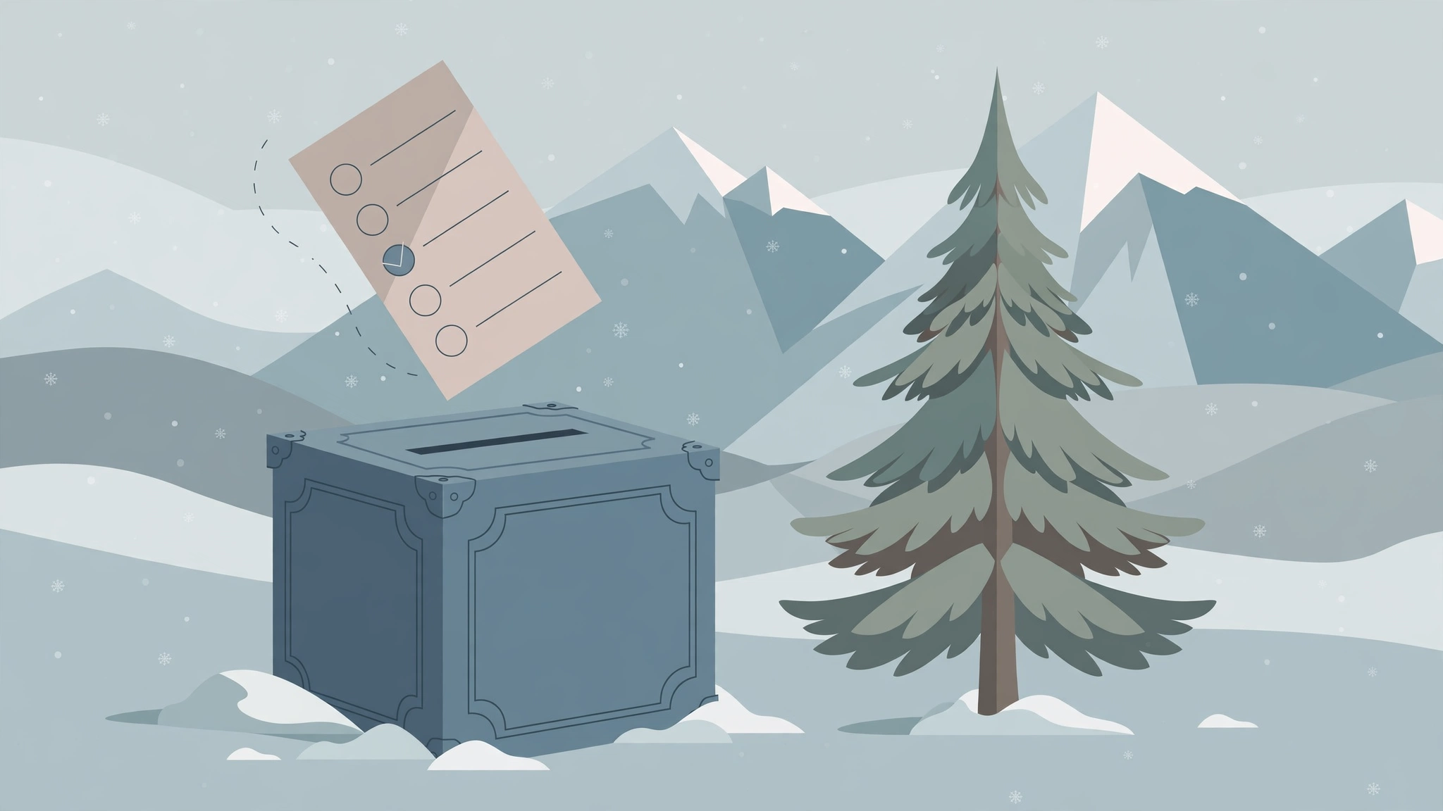 Illustration of a ballot being cast into a ballot box in snowy Alaska