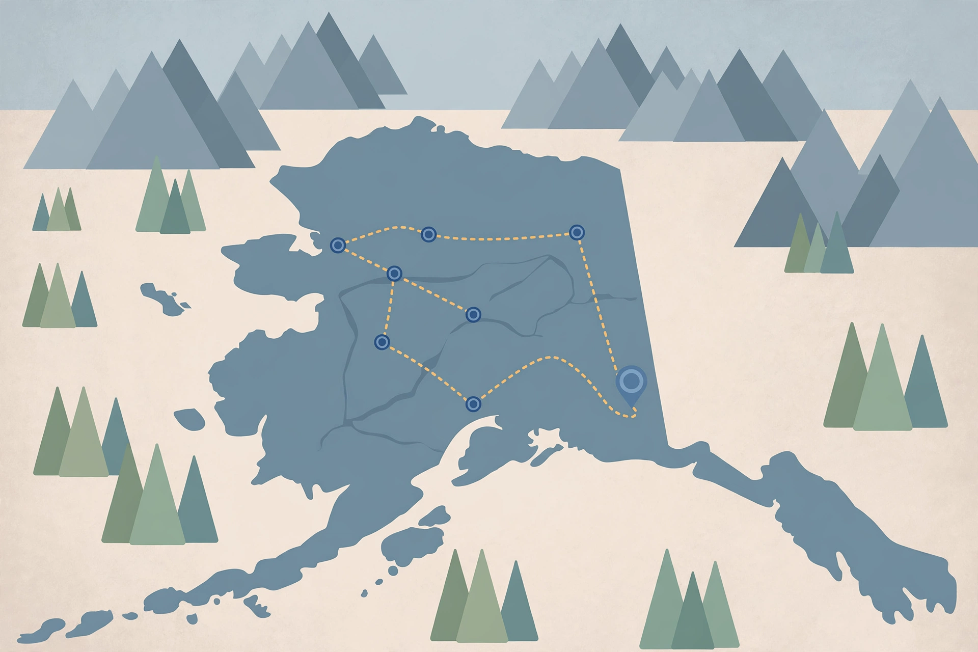 Illustration of a map of Alaska with a campaign tour route