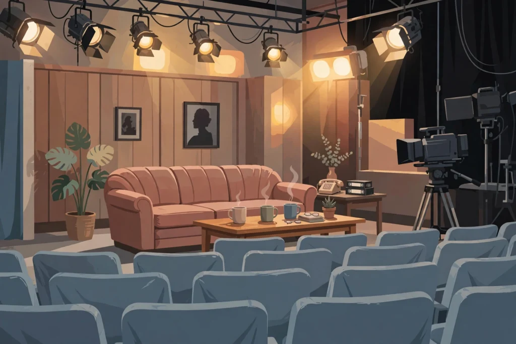 Illustration of a retro television studio set with an empty sofa under studio lights