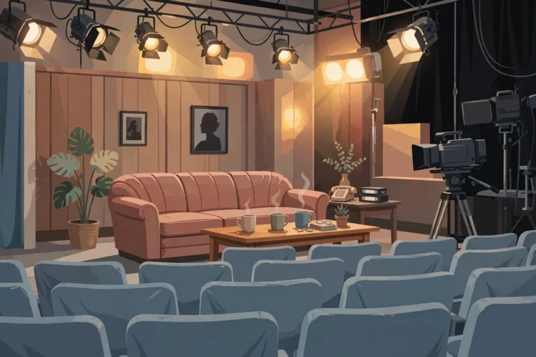 Illustration of a retro television studio set with an empty sofa under studio lights