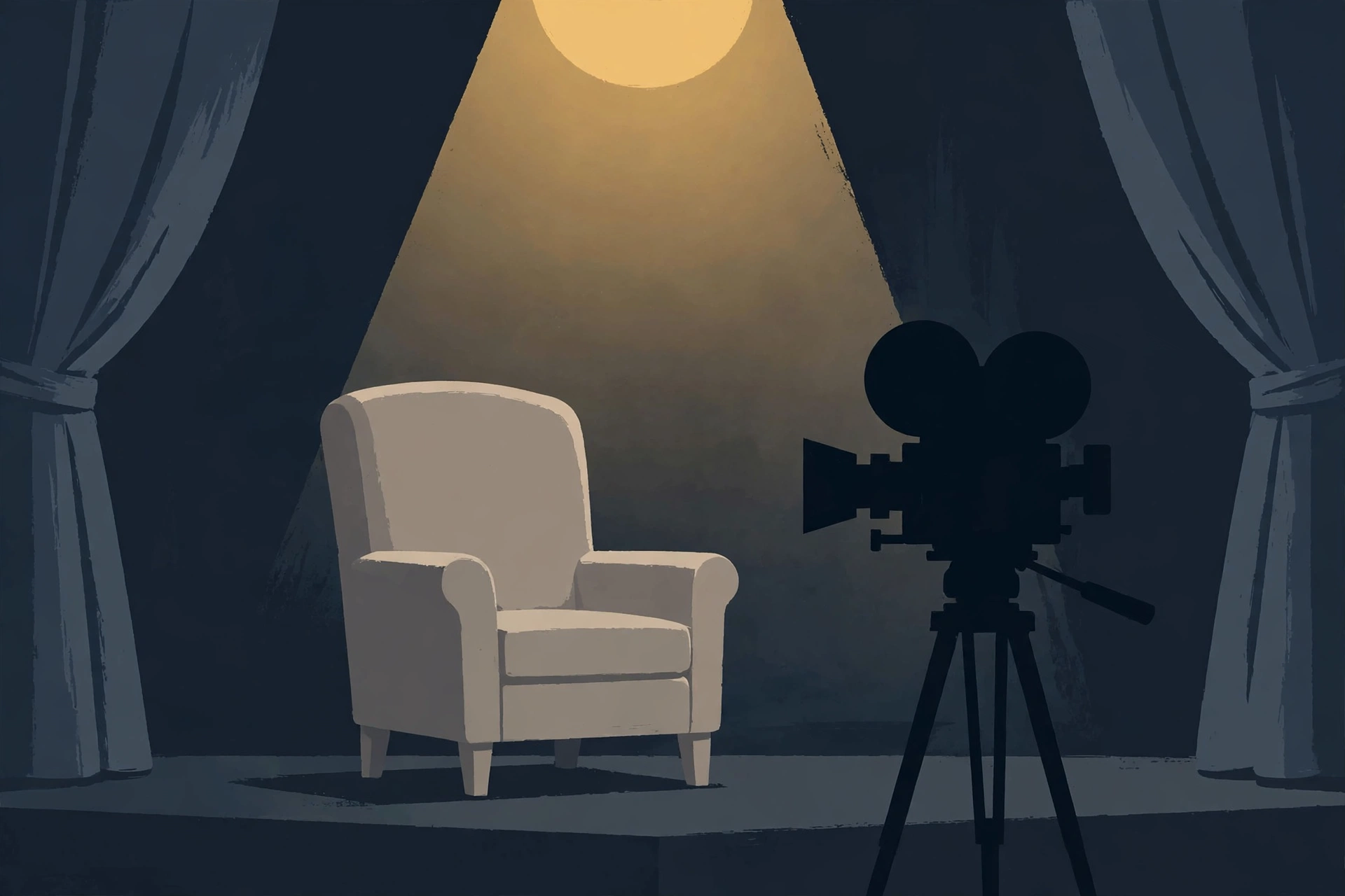 Illustration of an empty armchair under a spotlight beside a film camera