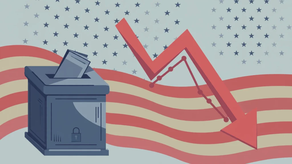 Editorial illustration of a ballot box with a falling approval chart arrow over an American flag motif