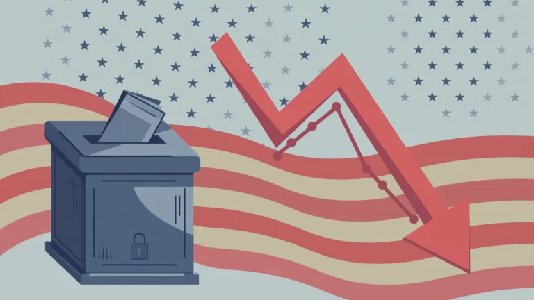 Editorial illustration of a ballot box with a falling approval chart arrow over an American flag motif