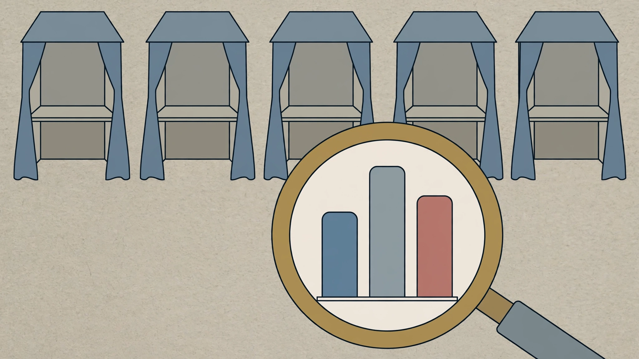 Editorial illustration of voting booths with a magnifying glass over poll data bars