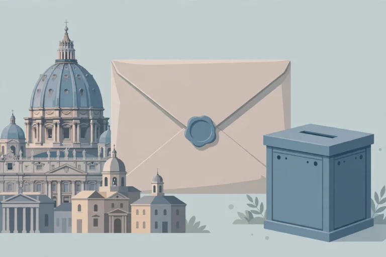 Illustration of a domed basilica, a sealed mail envelope and a ballot box