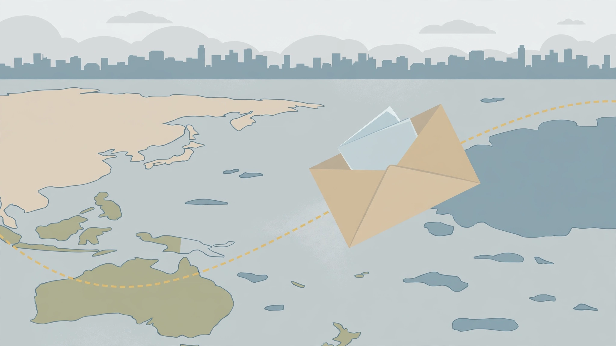 Illustration of a mail envelope travelling across a map