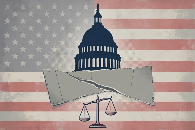 Editorial illustration: US Capitol dome with a torn document and scales motif