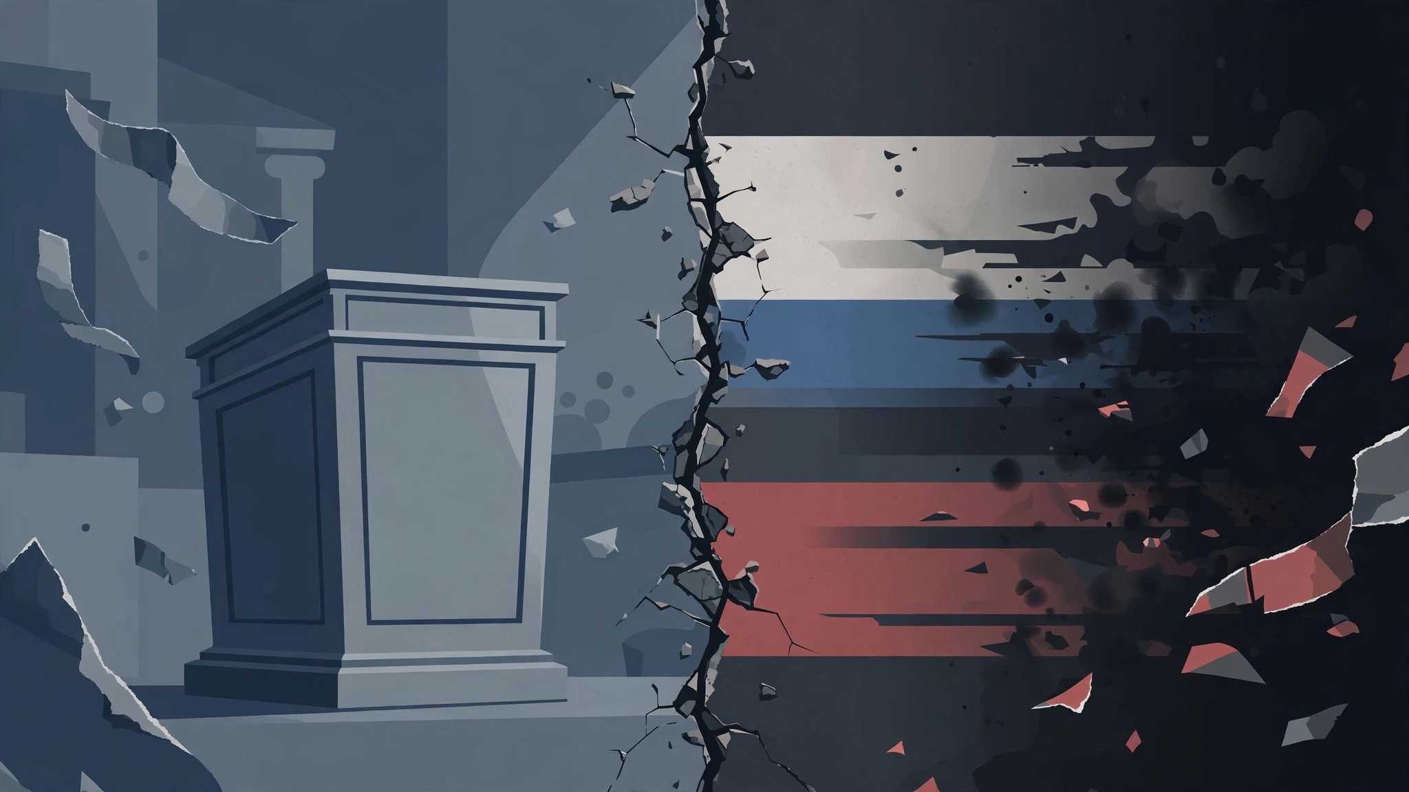 Editorial illustration: congressional podium beside a shattering abstract motif