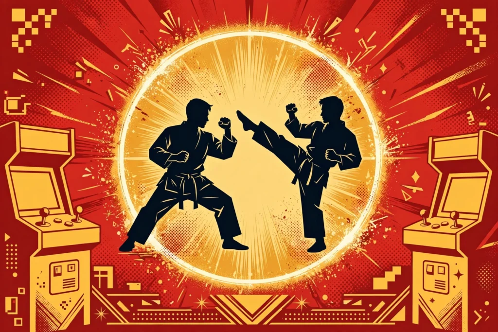 Editorial illustration: two martial-arts silhouettes facing off in a ring of light